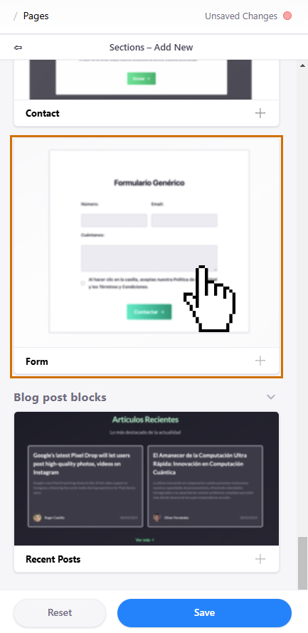 Form option in the block list